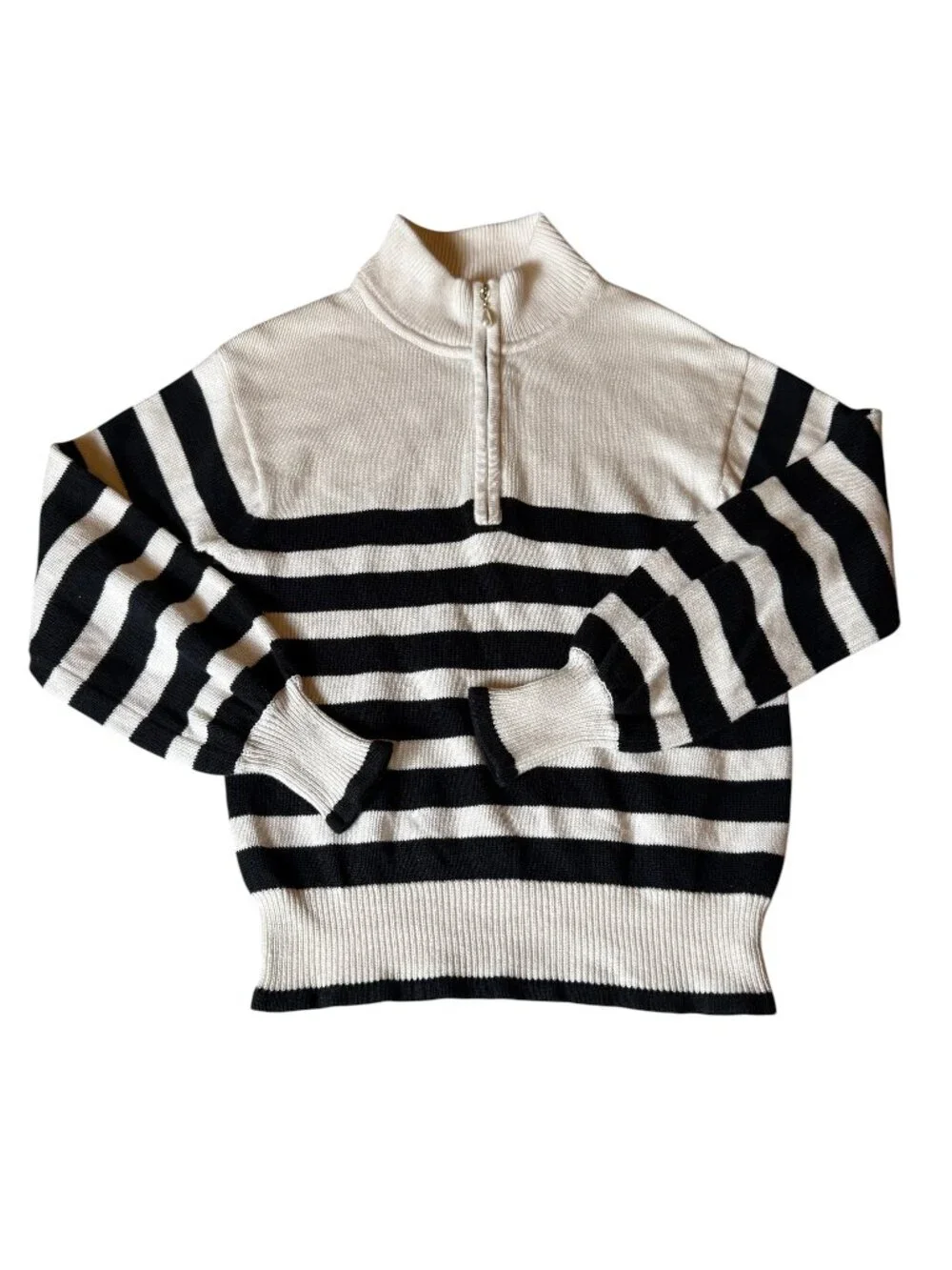 J.Crew Cream & Black Striped Quarter-Zip Sweater | Size XS - Picture 2 of 8
